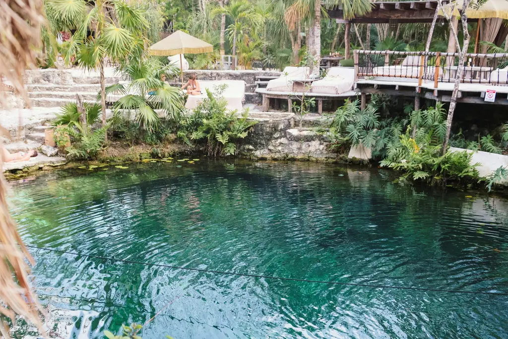 Open cenote surrounded by jungle in Tulum