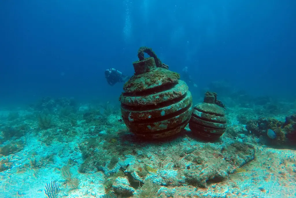 Coral-covered sculpture on the seabed