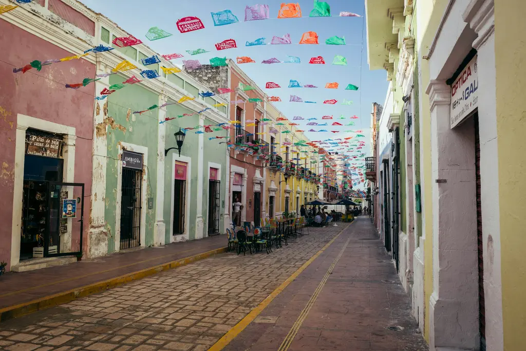 Colonial street with colorful facades on the Yucatán Peninsula